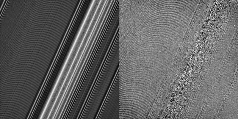This images highlights two of the textures discovered in Saturn's rings. Though very different, they exist in close proximity to one another. On the left are straw-like structures, and on the right are the clumpy textures. NASA/JPL-Caltech/Space Science Institute