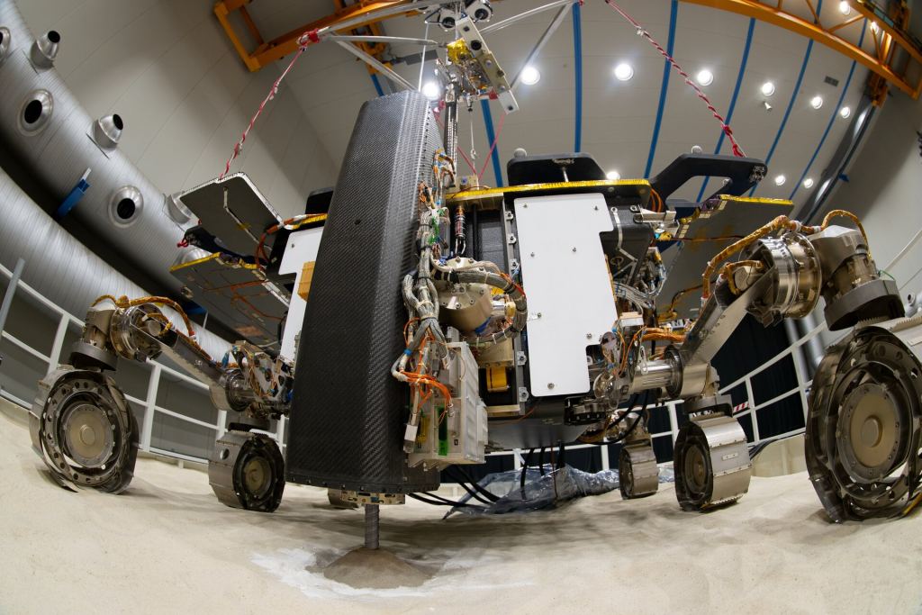 This image shows Amalia testing its drill in simulated Martian conditions. During testing, the rover's drill penetrated to a depth of 1.7 meters at the ALTEC premises in Italy. This was the rover's third successful drilling test. Image Credit: ESA–S. Corvaja