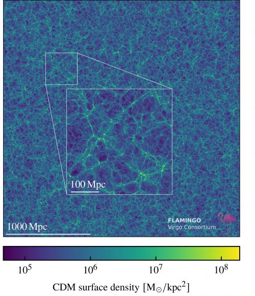 The surface density of cold dark matter is modeled in a 20 Mpc slice of the Universe. This is part of the FLAMINGO simulation. Courtesy Joop Schaye, et al