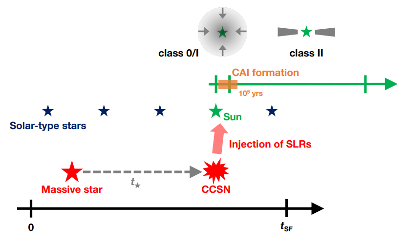 This schematic from the study shows the direct injection of SLRs into the early Solar System within the birth cluster. Massive stars that were born in the cluster would trigger CCSNe when they finished their lifetime, t*. To explain the coexistence of 26Al-rich and 26Al-poor CAIs in the early solar system, direct injection of SLR-rich dust grains from a CCSN should occur during CAI formation in the solar system. The necessary condition to form the solar system is that at least one CCSN occurs in the birth cluster within the duration of star formation, tSF. Image Credit: Arakawa and Kokubo 2022.