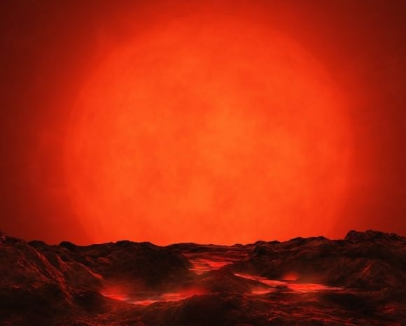 Illustration of the red supergiant Betelgeuse, as seen from a fictional orbiting world. © Digital Drew.