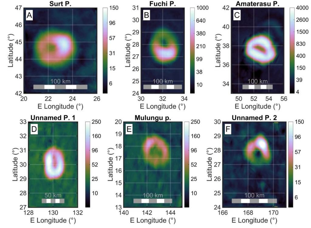 This figure from the research shows infrared radiance maps for six different paterae on Io. Each one has a lava ring inside the patera's rim. Image Credit: Mura et al. 2024.