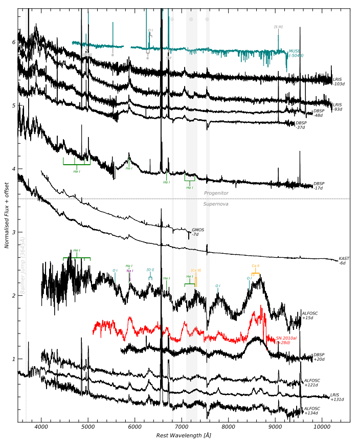 This chart from the study shows the spectral observations of SN 2023fyq and its progenitor. The progenitor's observations are on the top, and the SN's observations are on the bottom. Each line represents a different set of observations, with their times written at their ends. The red line shows observations of SN 2010al, a Type Ibn SN that matches well with SN 2023fyz. He I areas are labelled because the researchers pointed out that there was a complex, evolving He I profile. Image Credit: Brennan et al. 2024
