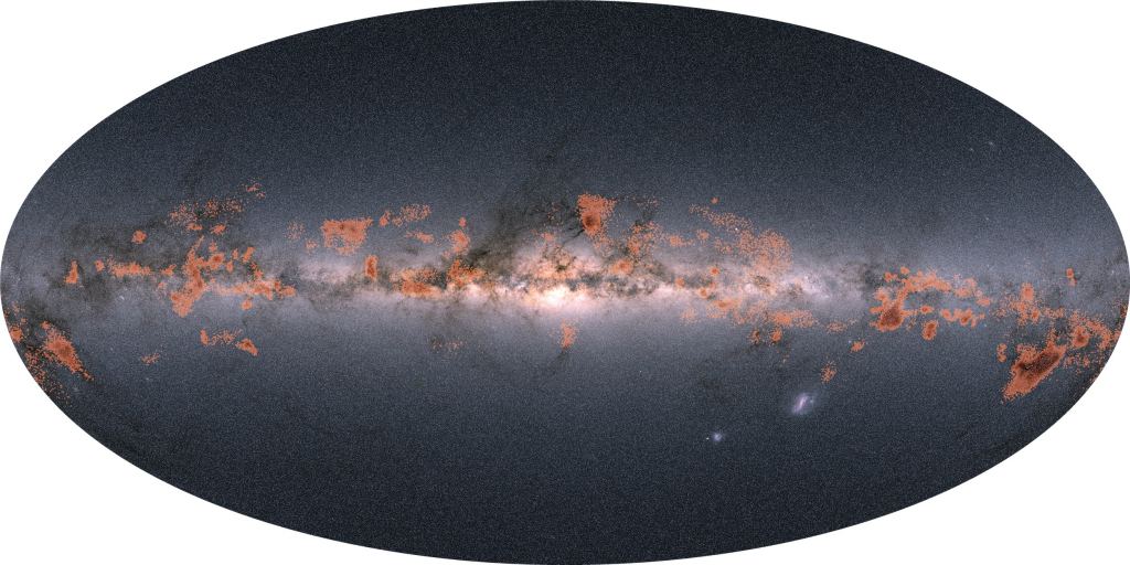 This image shows the location of stellar families in the Milky Way according to Gaia data. Families younger than 30 million years are highlighted in orange. Though their original cluster forms have shifted, Gaia still found the members by tracking their motion. Image Credit: ESA/Gaia/DPAC; Data: M. Kounkel & K. Covey (2019)