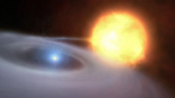 Illustration of a white dwarf feeding off its companion star Credit: ESO / M. Kornmesser