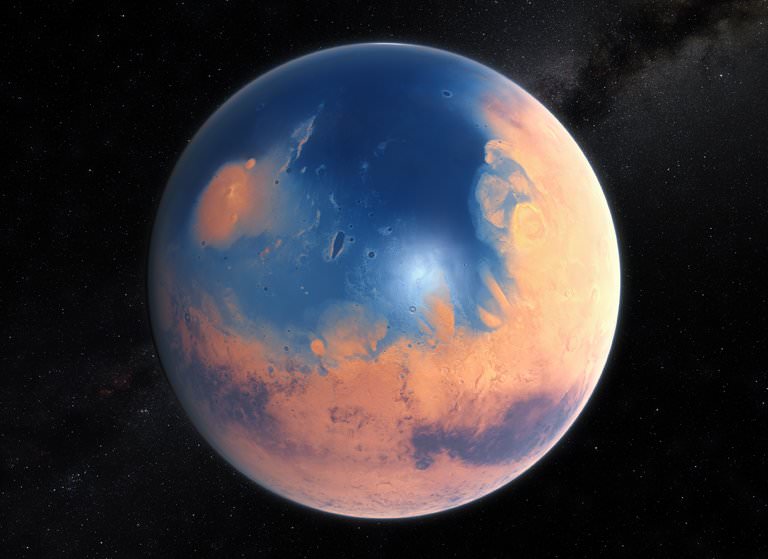 An artist's impression of the ancient Martian ocean. According to this new research, Mars' water was lost to space due at least in part to global and regional dust storms. Image: ESO/M. Kornmesser, via N. Risinger