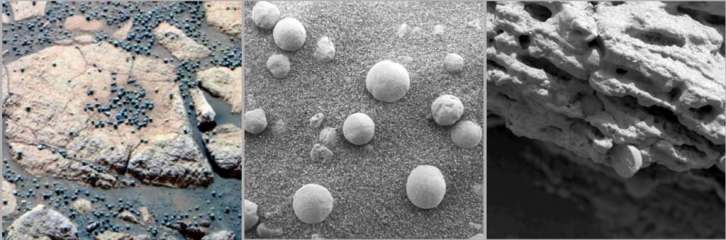 The Blueberries of Mars are actually concretions of iron rich minerals from water - ground or standing pools - created over thousands of years during periodic epochs of wet climates on Mars. (Photo Credits: NASA/JPL/Cornell)