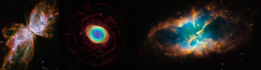 lanetary nebulae come in a wide variety of shapes and morphologies. Each one has a white dwarf at the center. Our Sun will one day resemble these nebulae. From left to right, the Butterfly Nebula, the Ring Nebula, and NGC 2818.Image Credits, left to right: NASA, ESA, and the Hubble SM4 ERO Team; NASA, ESA, C.R. O'Dell (Vanderbilt University), and D. Thompson (Large Binocular Telescope Observatory); NASA, ESA, and the Hubble Heritage Team (STScI/AURA)