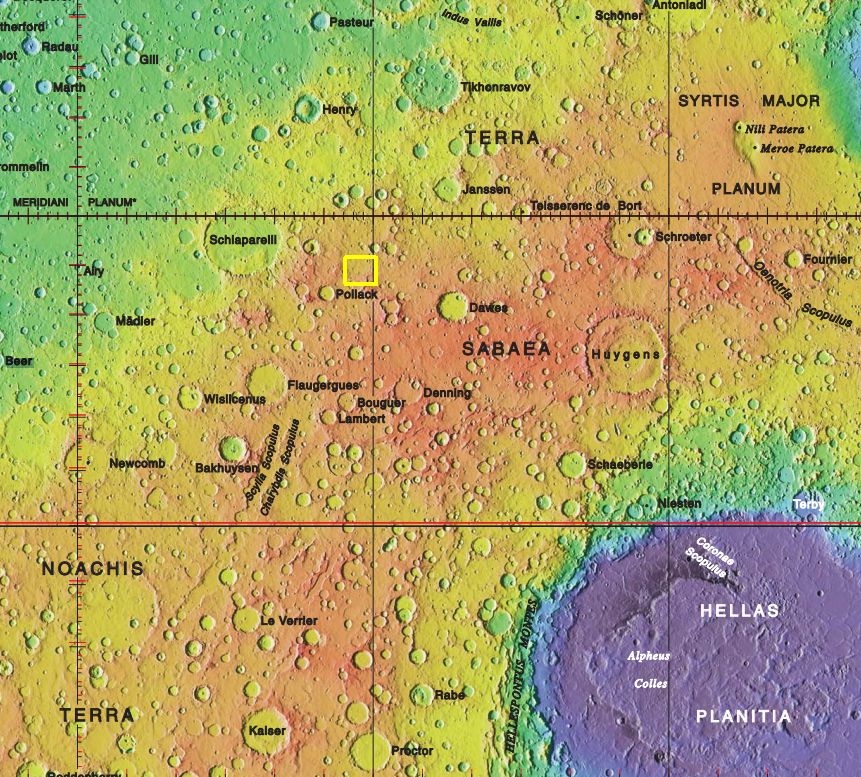 The crater's location is marked with the yellow box. Image Credit: USGS