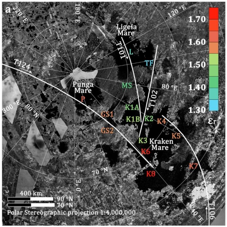 This figure from the study shows Titan's polar regions with the three large seas labelled. The colour key on the right and the text on the image show the dielectric constants of different regions. The white lines labelled T101, T102, T106, and T124 are the four flybys. Image Credit: Poggiali et al. 2024.