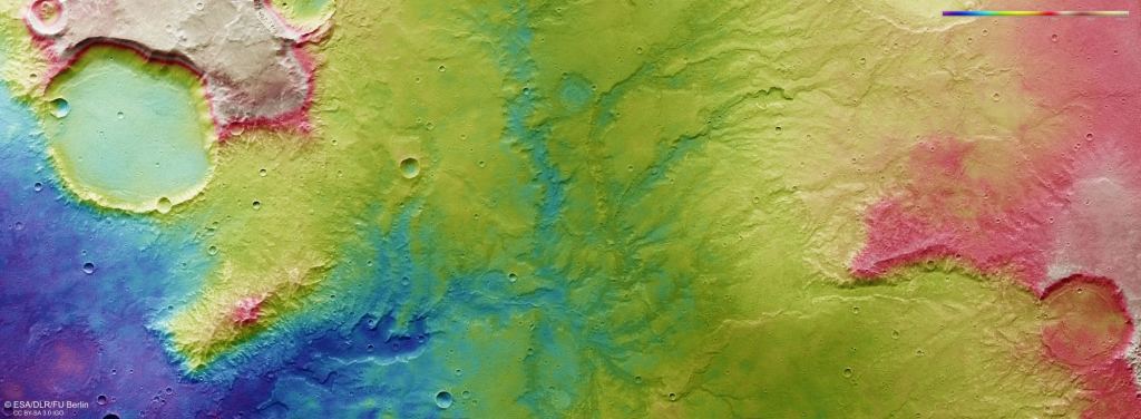 A topographic image of an area of anceint riverbeds on Mars. Created with data from the High-Resolution Stereo Camera on the Mars Express Orbiter. Image Credit: ESA/DLR/FU Berlin http://www.esa.int/spaceinimages/ESA_Multimedia/Copyright_Notice_Images