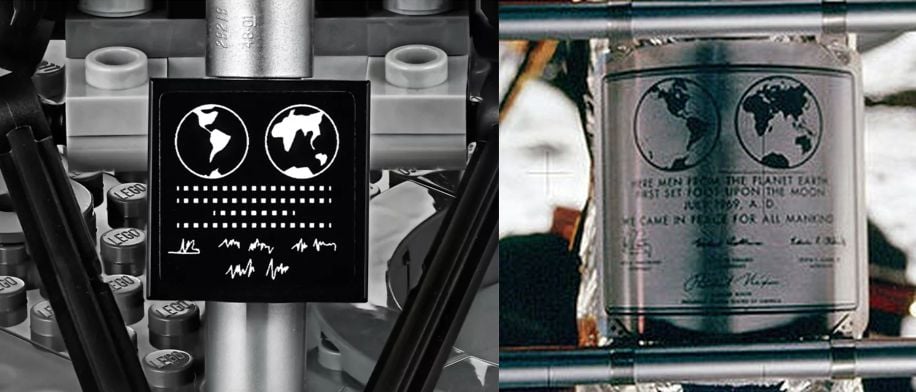 The plaque with drawings of the Earth's hemispheres. Left Image Credit: LEGO. Right Image Credit: Public Domain, https://commons.wikimedia.org/w/index.php?curid=517980