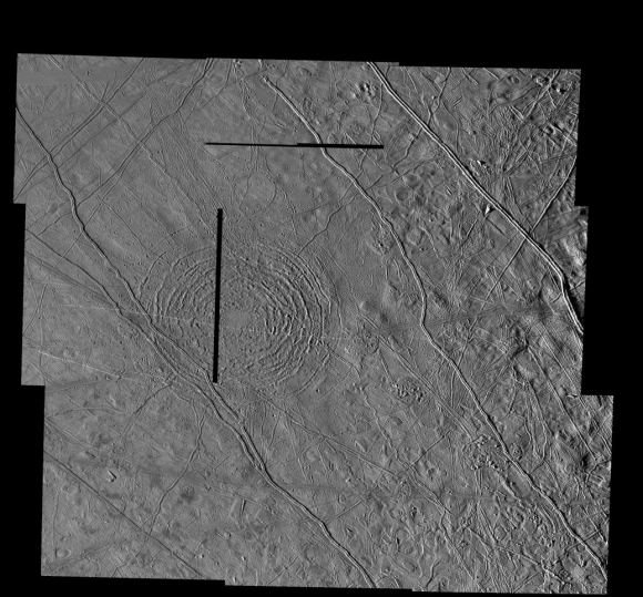 One of Galileo's images of the Tyre multi-ringed basin on Europa. There are at least 5-7 rings around the impact crater center. Courtesy: NASA/JPL/ASU.