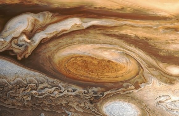 Reprocessed view by Bjorn Jonsson of the Great Red Spot taken by Voyager 1 in 1979 reveals an incredible wealth of detail.