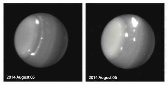 Huge storms on Uranus were spotted by the Keck Observatory on Aug. 5 and Aug. 6, 2014. Credit: Imke de Pater (UC Berkeley), Pat Fry (University of Wisconsin), Keck Observatory