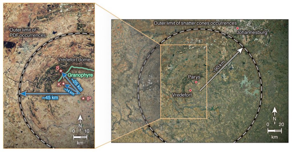 This image from the study shows the Vredefort dome today, with different parts of the impact structure labelled. PDFs are Planar Deformation Features which are present in zircon and quartz and caused by powerful shocks. Shatter cones are rare geological features which only form under impact sites. Granophyre is a geologic feature also formed by impacts.
