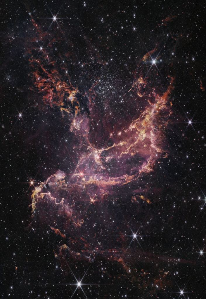 This is the JWST's NIRCam image of the same region, NGC 346. This image cuts through more of the gas and dust to reveal more individual stars. Combining the images gives astronomers a more complete idea of the star-forming region. Image Credit: NASA, ESA, CSA, STScI, A. Pagan (STScI); CC BY 4.0