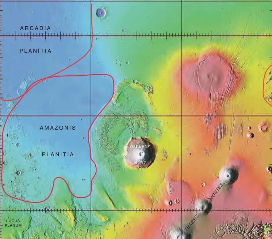 Colonists in Arcadia Planitia (upper left in map) will not only have access to abundant, accessible underground water ice, they might also have a great view of Olympus Mons. Image Credit:By Jim Secosky modified NASA image. Public Domain.