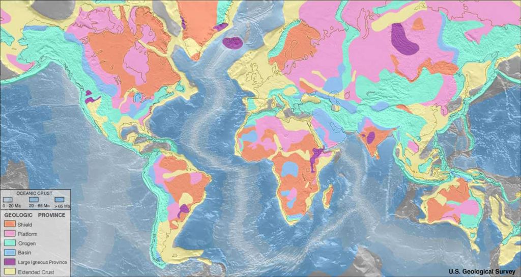 A map of the Geologic Provinces of the World. The purple area in India is the Deccan Traps. Image Credit: By USGS - https://earthquake.usgs.gov/data/crust/maps.php, Public Domain, https://commons.wikimedia.org/w/index.php?curid=306268