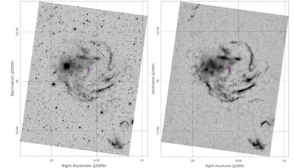 These are H-alpha images of the central portion of the nebula with YY Hya dotted pink in the center. The image on the right has other stars removed. The tip of the southwestern lobe of the nebula is visible on the right of the images. Image Credit: Kimeswenger et al 2021.
