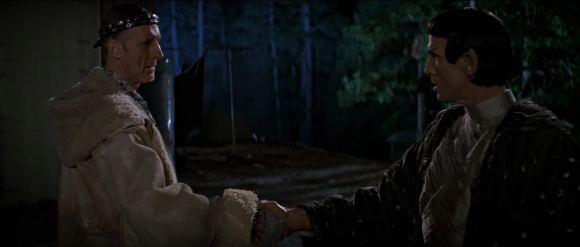 Zephram Cochrane makes first contact with a Vulcan explorer in the Star Trek