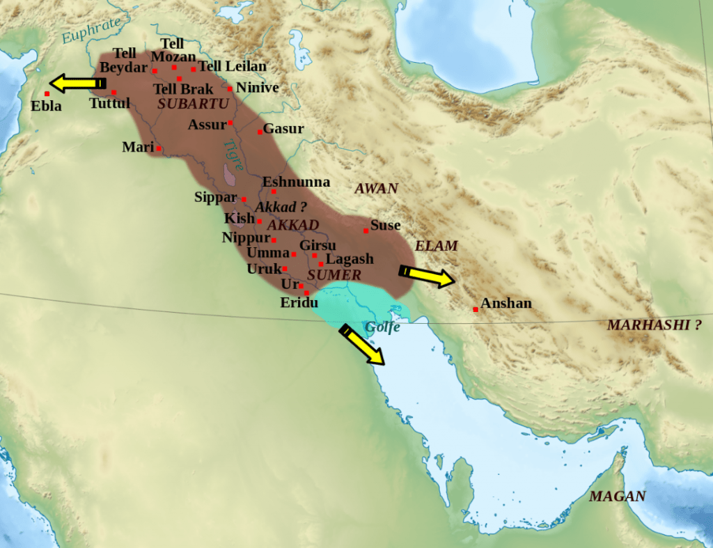 The Akkadian Empire circa 2250 BC. It's widely-believed that the Akkadian Empire collapsed due to climate change. That climate change may have been triggered by impacts with comet debris. Image Credit: By Middle_East_topographic_map-blank.svg: Sémhur (talk)derivative work: Zunkir (talk) - Middle_East_topographic_map-blank.svg, CC BY-SA 3.0, https://commons.wikimedia.org/w/index.php?curid=11966732