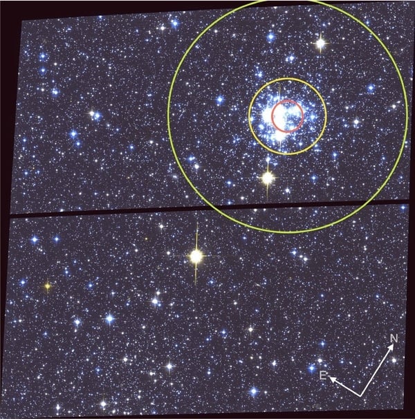 Not all of Hubble's images are valuable purely for their aesthetic quality. Sometimes the space telescope is tasked with gathering images for scientific purposes. In this one, an ACS/WFC (Advanced Camera for Surveys/Wide-Field Camera) colour-composite image of NGC 376, the red circle defines the area within the core radius, and the yellow solid circle marks the area within the tidal radius. The green solid circle shows the extent of the cluster's tail, which isn't really visible in this image. Image Credit: E. Sabbi et al 2011 ApJ 739 15