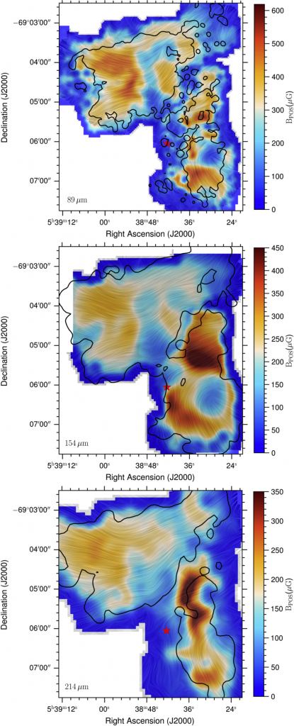 This figure from the study shows the magnetic field strength in the three infrared wavelengths observed with SOFIA. The field strength is weaker at longer wavelengths. Image Credit: Tram et al. 2023.