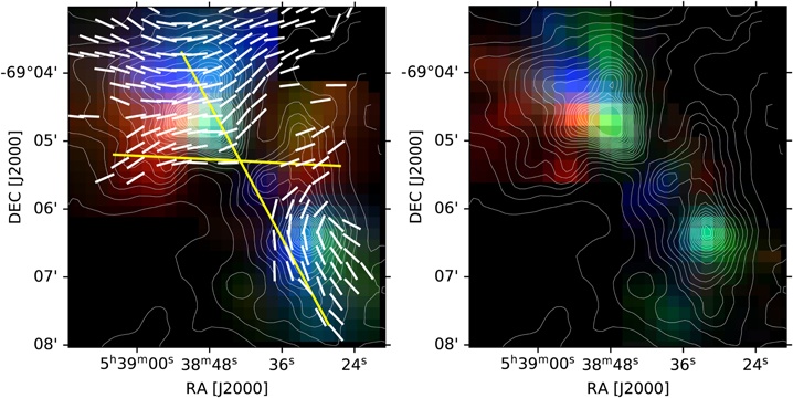 These images from the work are RGB images that help show both the magnetic fields and the movement of gas in 30 Doradus. The white lines in the left panel show the morphology of the magnetic fields. The yellow lines show redshifted and blueshifted gas and their axis. The different colours of gas show their different velocities. The left panel shows the observations for CII, the ionized carbon forbidden line. The right panel is similar to the left but is based on carbon monoxide. Image Credit: Tram et al. 2023.