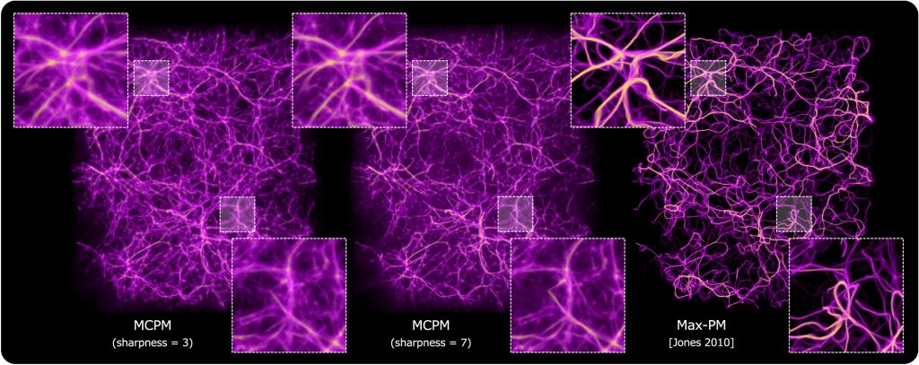 Comparison of our MCPM model to Jones's Max-PM model, another large scale simulation, in a 30 Mpc slice from the BP data set. Let and middle are from the study, the right is from the other model, for comparison. Not the increasing sharpness from left to right where filament reproduction is traded for structural complexity. Image Credit: Burchett et al 2020.