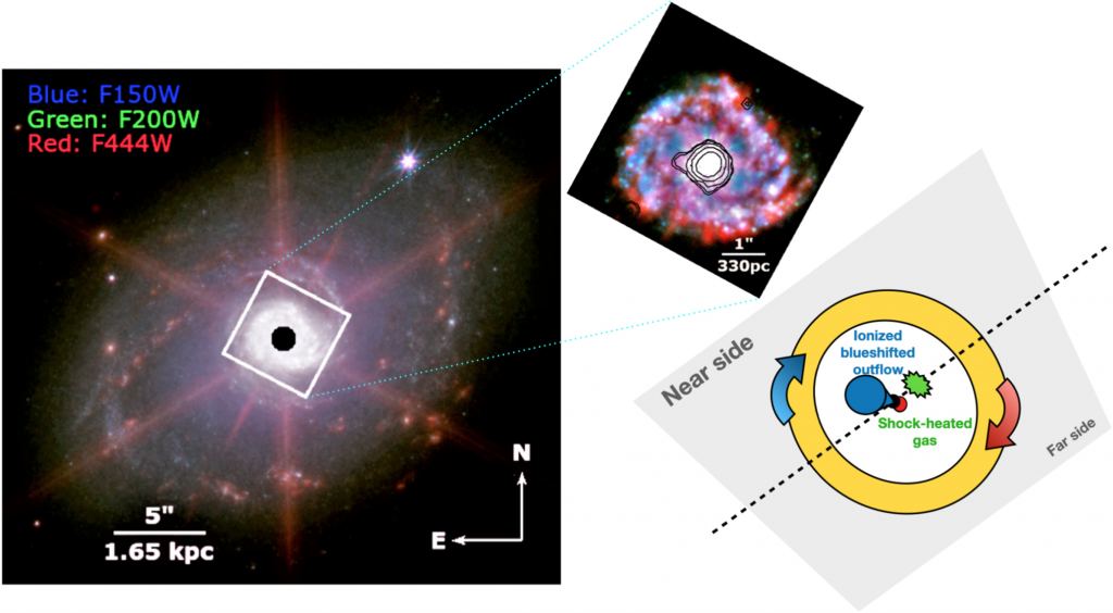 This image shows NGC 7469's spiral structure with its nucleus blocked out. The white square in the main image is expanded in the upper right image. Since this paper is focused on gas dynamics, the upper right image shows the star-forming ring around the central nucleus. The white-contoured region shows blue-shifted gas travelling toward us from the AGN. The cartoon schematic shows a nearly face-on outflow that appears one-sided and mostly in blueshift (blue cone). The shock-heated gas is the result of outflow striking the galaxy's interstellar medium, an example of AGN feedback. The cartoon isn't to scale; it's just to show one plausible interpretation of the observations. Image Credit: Vivian U et al. 2022 ApJL 940 L5