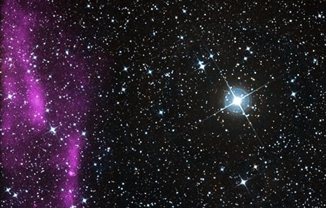 G266.2-1.2 in X-ray (purple) and optical light. Chandra spotted high-energy particles shooting out from this supernova leftover. The optical data comes from the Digitized Sky Survey and is available in red, green, and blue. Credit: X-ray: NASA/CXC/Morehead State Univ/T.Pannuti et al, Optical: DSS