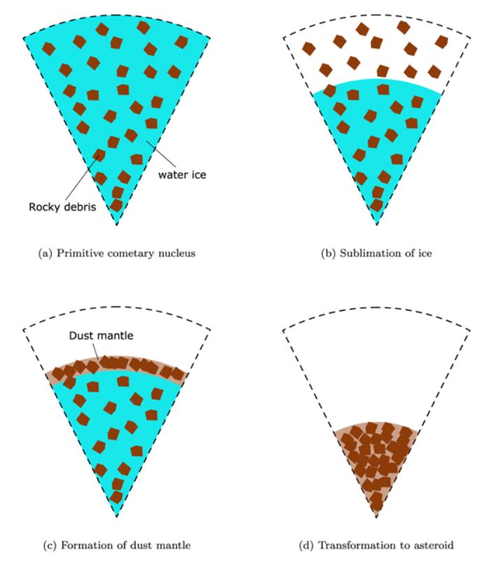 This figure from the study shows how a comet can transition to an asteroid. (a) shows the comet nucleus containing water ice and rock. (b) shows the ice sublimating from the outer layer as the comet enters the inner Solar System. (c) shows rocky debris accumulating on the surface and forming a porous mantle. (d) shows how the comet transforms into an asteroid after the remaining volatiles sublimate and escape through the porous mantle. Image Credit: Miura et al. 2022