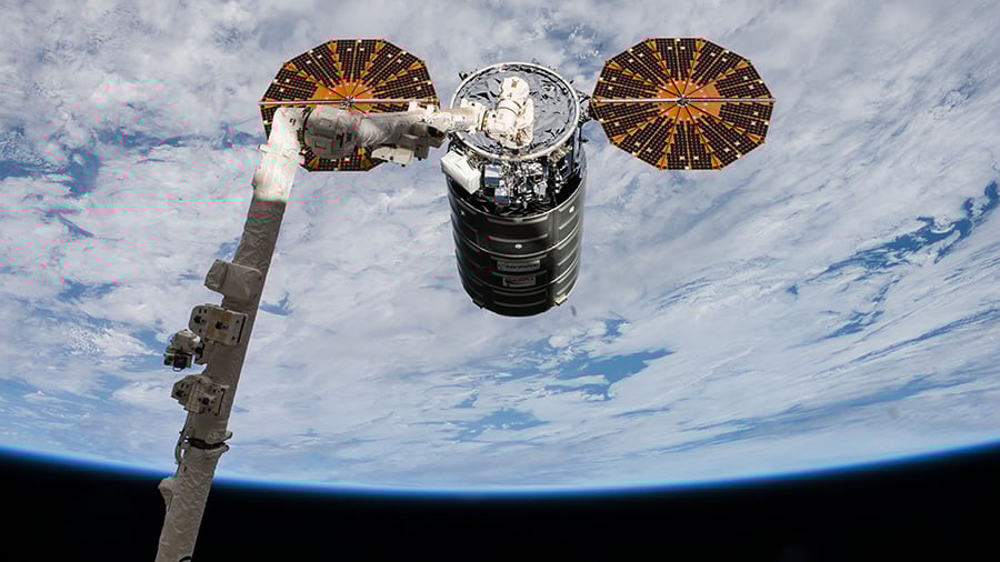 The Orbital ATK Cygnus OA-8 spacecraft is pictured after it had been grappled with the Canadarm2 robotic arm by astronauts Paolo Nespoli and Randy Bresnik on Nov. 14, 2017. Credit: NASA