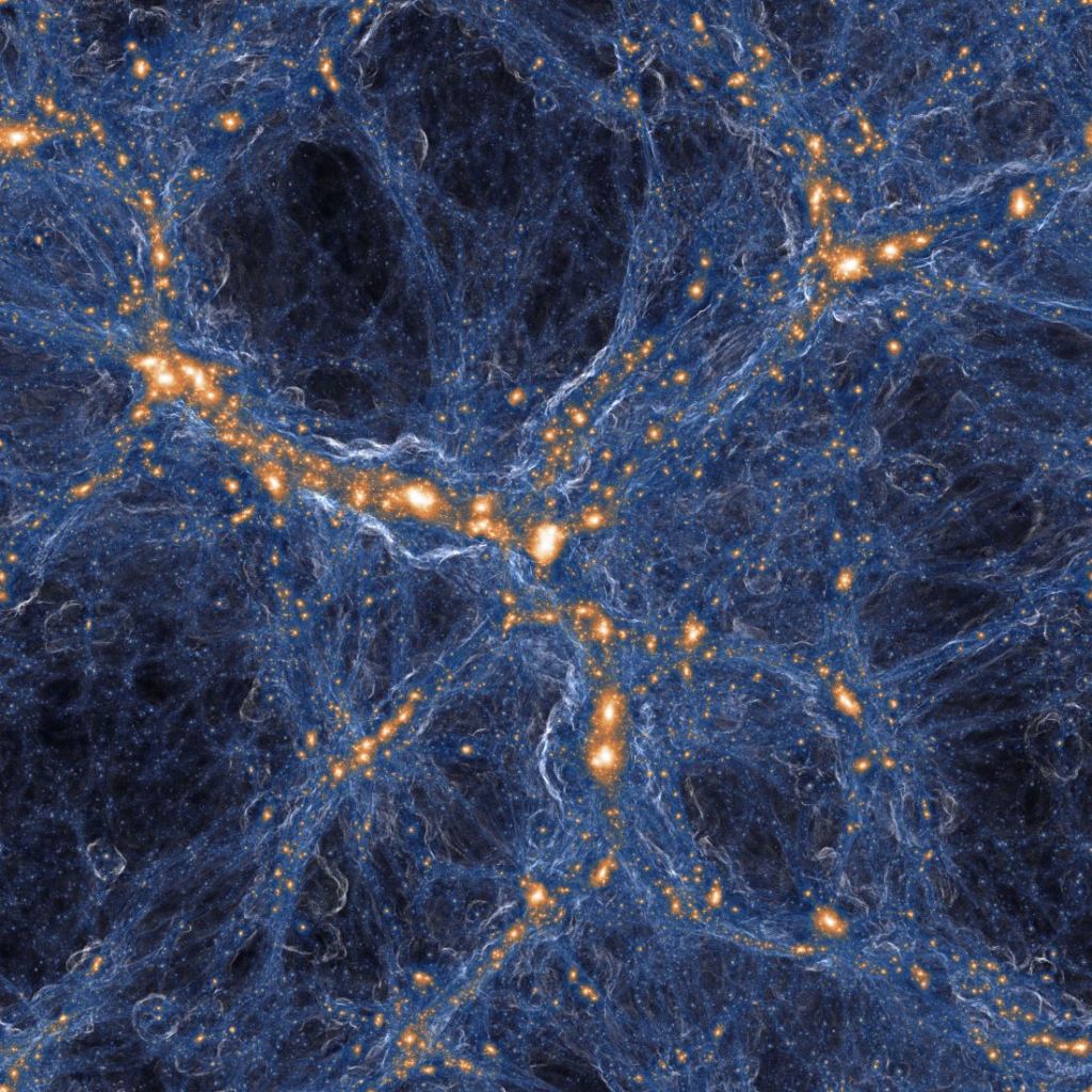 A composite model of matter distribution (with dark matter overlay) in a galaxy formation simulation made by the TNG Collaboration.