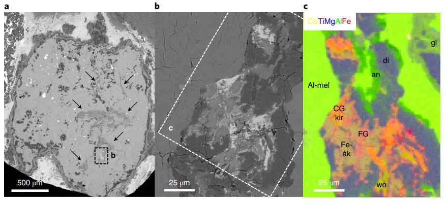 This image from the paper shows some of the detailed imaging in the study. It shows CAI E101.1, one of four CAIs that have been accurately dated. The images show the location of a sinuous xenolith in the CAI. The panel on the right shows the mineralogy of the xenolith. CAI E101.1 has experienced only modest metamorphic modification and little fluid circulation, and according to the authors that helped preserve its primordial D/H fingerprint. Image Credit: Aléon et al. 2022.