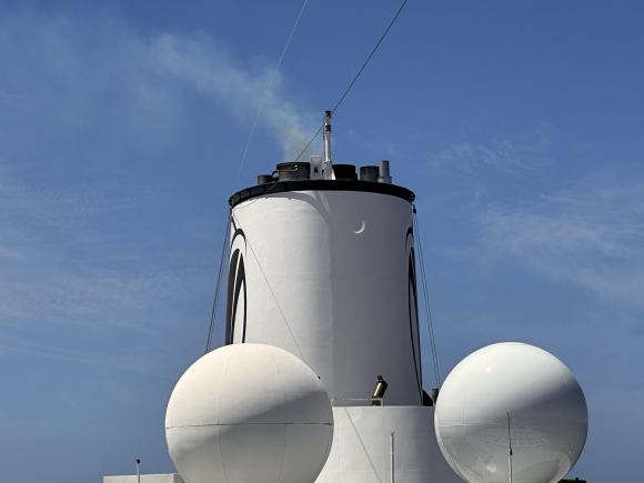 A projection of the partially eclipsed Sun on the stack of a cruise ship off the coast of Mazatlan. Image credit: Carolyn Collins Petersen.
