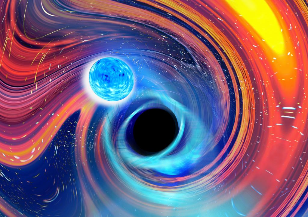 An artistic image inspired by a black hole-neutron star merger event. Credit: Carl Knox, OzGrav/Swinburne