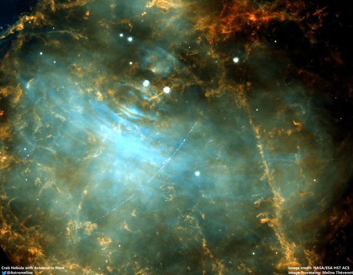 In this Hubble observation taken on 5 December, 2005 the Main Belt asteroid 2001 SE101 passes in front of the Crab Nebula. Image Credit: NASA/ESA HST, Image processing: Melina Thévenot.