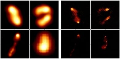 Some of the original radio images of galaxies (left) with their high-resolution counterparts (right).