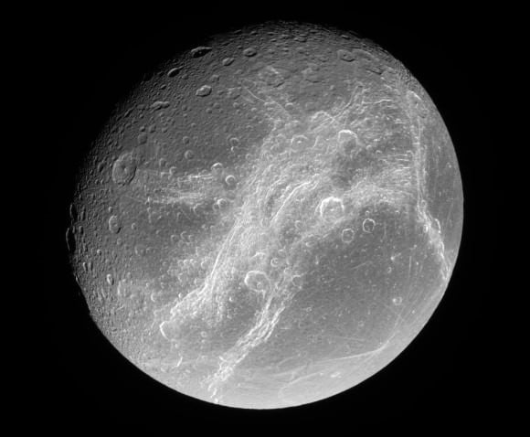 Dione's trailing hemisphere, showing the patches of