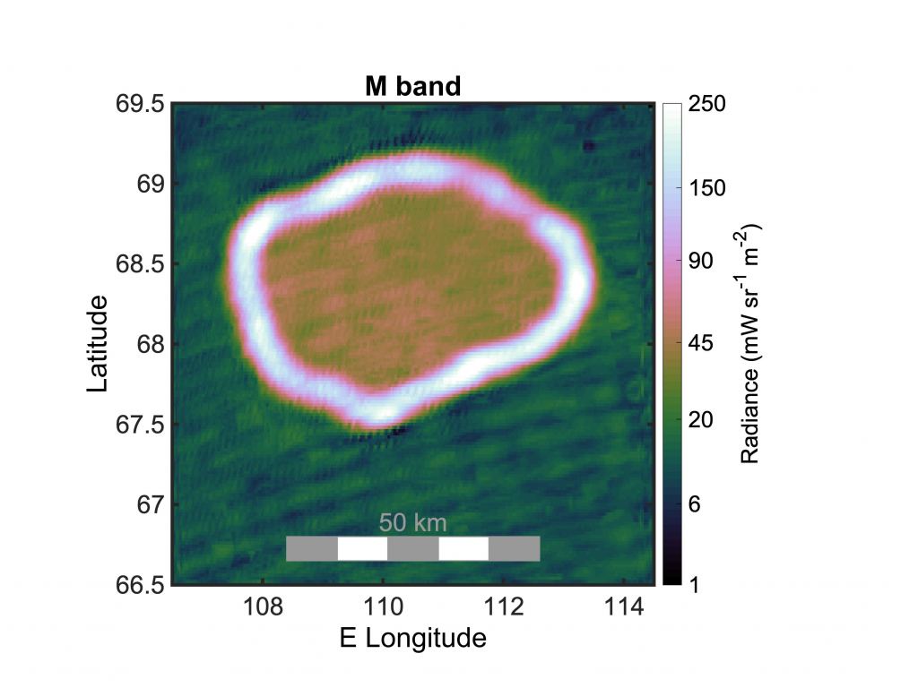 This graphic shows the infrared radiance of Chors Patera, a lava lake on Jupiter's moon Io. The white ring is the hottest part of the patera, between 232 and 732 Celsius, where lava from the moon's interior is exposed. The red/green inside the ring is likely a thick crust of molten material that's -43 Celsius. Outside the patera, the temperature is about -143 Celsius. Image Credit: NASA/JPL-Caltech/SwRI/ASI/INAF/JIRAM/MSSS