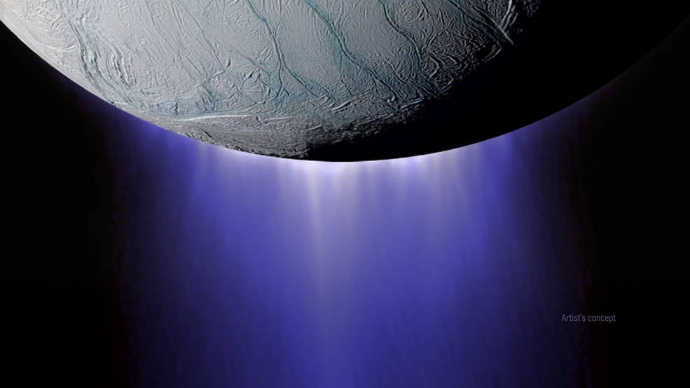 This false-colour image of the plumes erupting from Enceladus is easily recognizable to many. Enceladus and Miranda are similar in important ways. Could Miranda also be geologically active? Image Credit: NASA/ESA