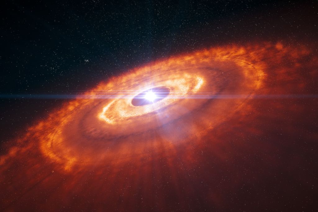 Artist depiction of a protoplanetary disk in which planets are forming. Credit: ESO/L. Calçada