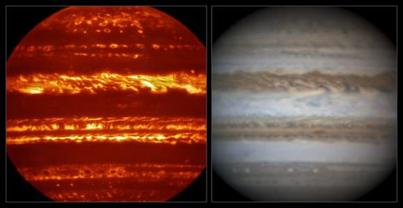 This view compares a lucky imaging view of Jupiter from VISIR (left) at infrared wavelengths with a very sharp amateur image in visible light from about the same time (right). Credit: ESO/L.N. Fletcher/Damian Peach