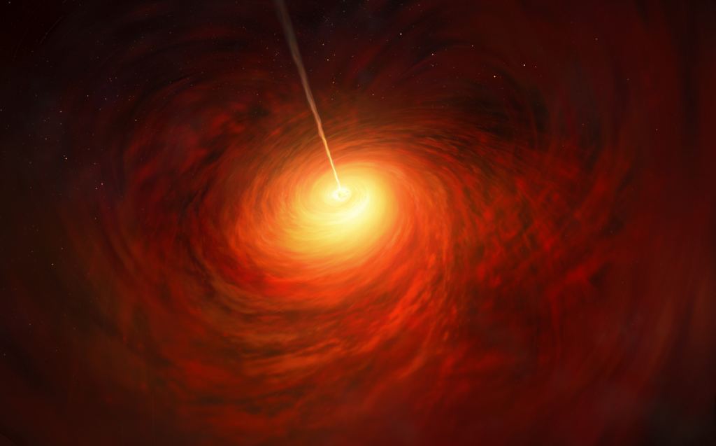 This artist’s impression depicts the black hole at the heart of the enormous elliptical galaxy Messier 87 (M87). This black hole was chosen as the object of paradigm-shifting observations by the Event Horizon Telescope. The superheated material surrounding the black hole is shown, as is the relativistic jet launched by M87’s black hole.
ESO/M. Kornmesser