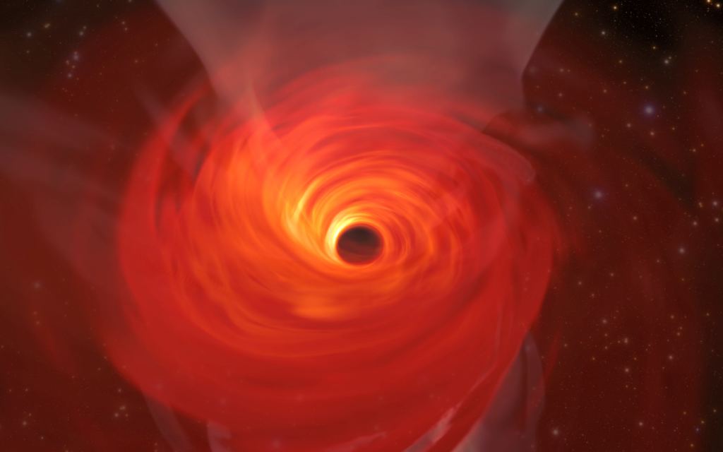 In anticipation of the first image of a black hole, Jordy Davelaar and colleagues built a virtual reality simulation of one of these fascinating astrophysical objects. Their simulation shows a black hole surrounded by luminous matter. This matter disappears into the black hole in a vortex-like way, and the extreme conditions cause it to become a glowing plasma. The light emitted is then deflected and deformed by the powerful gravity of the black hole. Image Credit:
Jordy Davelaar et al./Radboud University/BlackHoleCam