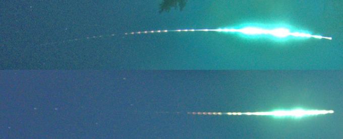 These images show the fireball as seen from the two GFO stations. It was observed for a total of 2.4 seconds with a path length of 148.5 km. Top: Miquelon Lake. Bottom: Vermilion (the Big Dipper can be seen on the left side). The fireball is moving left to right, and the periodic breaks in the fireball are used to encode the absolute time to an accuracy of 1 ms. Image Credit: GFO/Vida et al. 2022