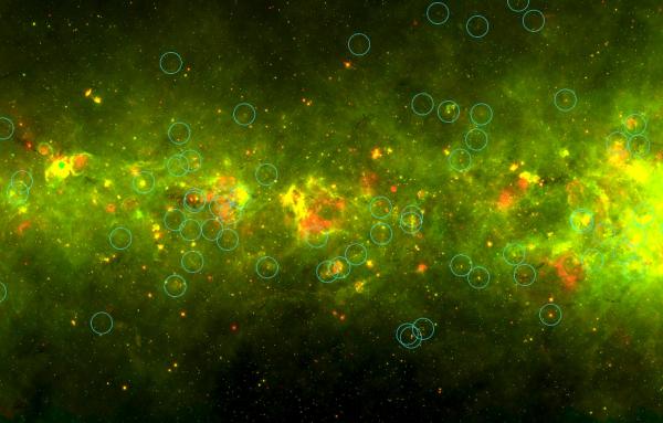 A Spitzer image with the yellowballs circled.