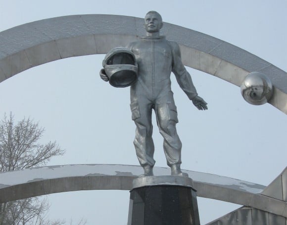 The statue of Yuri Gagarin, the first human to fly in space, looms over the town square in Karaganda, Kazakhstan March 9 as officials prepared to commemorate him on his 80th birthday. Credit: NASA
